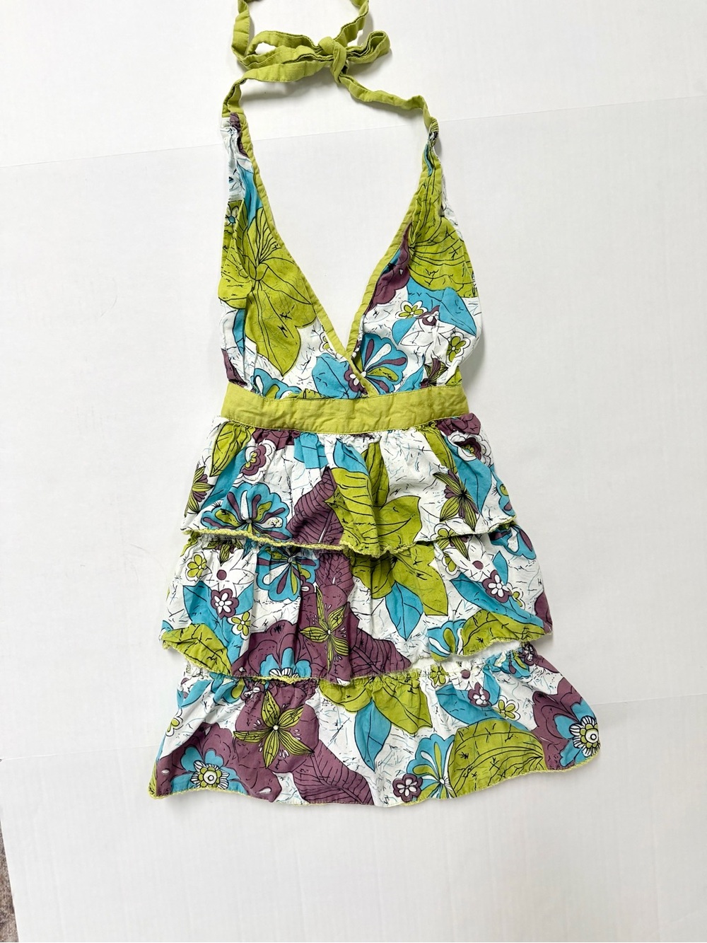 Simply Envogue Ruffle Floral Tiered Halter Apron Top - Lime & Teal Boho Hostess